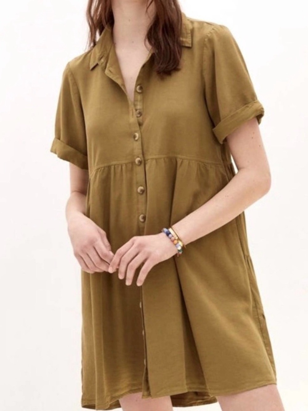 Anthropologie x Pilcro Suzanne Tiered Shirt Dress Button Front in Moss Green Med